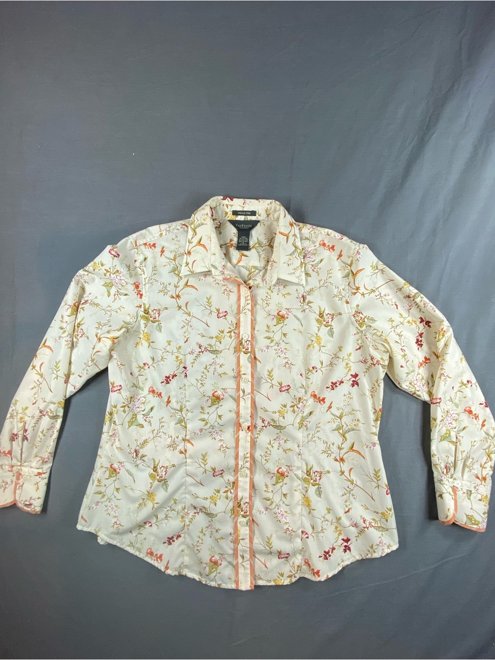 Van Heusen Cream Floral Button-Down Blouse with Coral Trim